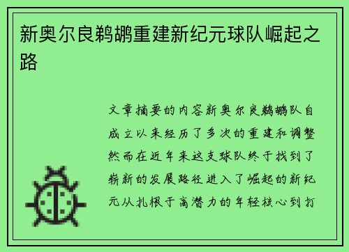 新奥尔良鹈鹕重建新纪元球队崛起之路